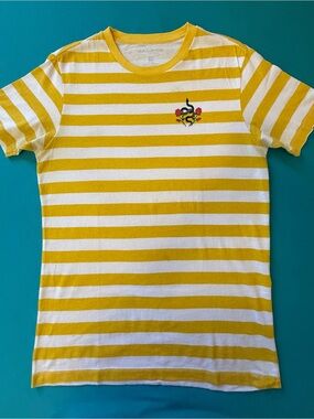 PacSun Yellow and White Striped Crewneck T-Shirt with Embroidered Rose Logo